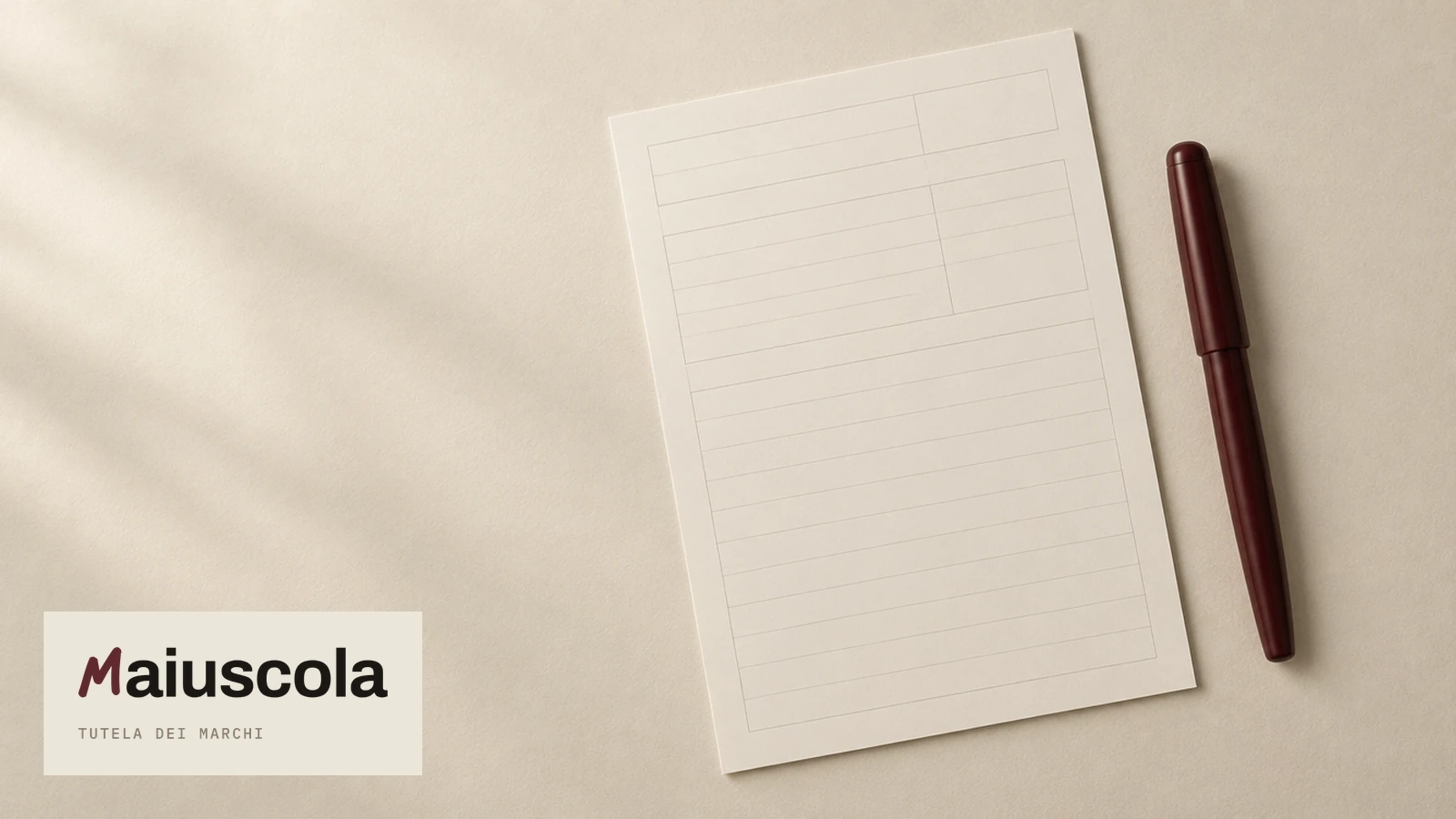 Un modulo in bianco su un tavolo, una penna sola accanto: copertina della guida su come registrare un marchio da solo